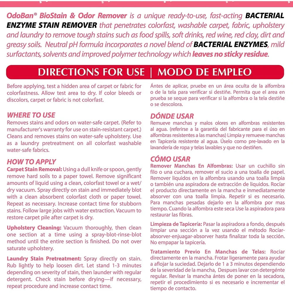 Professional Biostain Odor Remover Liquid Fast Acting Neutral pH Stain Treatment Carpet Upholstery Laundry 1 Gallon Unscented