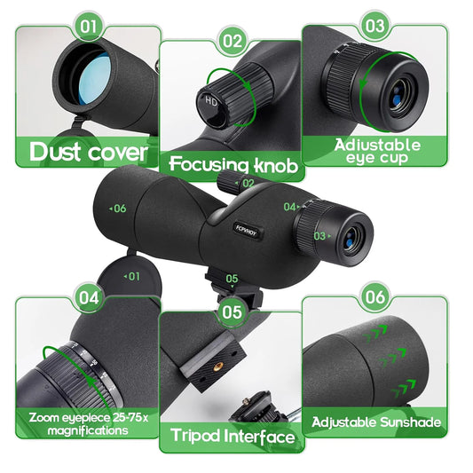 25-75x60 Spotting Scopes for Target Shooting with Tripod Carrying Bag Phone Adapter Straight Spotter Scope Monocular Telescope f