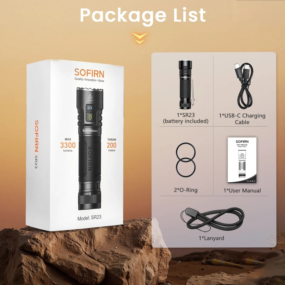 SOFIRN SR23 3300LM 6500K Flashlight UV 365nm EDC Light 21700 USB C Rechargeable Dual Switch Torch with Magnetic Tailcap