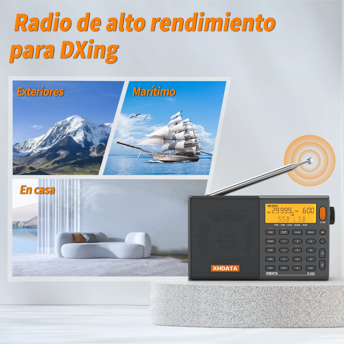 XHDATA D808 Portable Multiband Radio Receiver AM/FM/SW/MW SSB AIR RDS Stereo Sound Long Range Reception Rechargeable Battery
