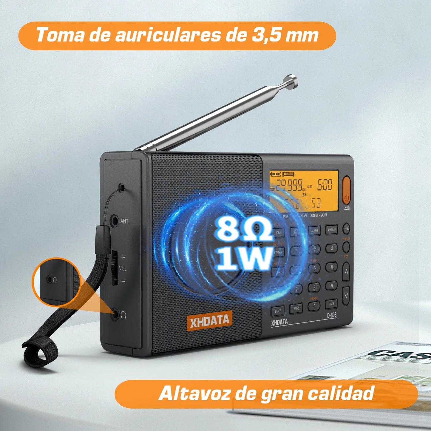 XHDATA D808 Portable Multiband Radio Receiver AM/FM/SW/MW SSB AIR RDS Stereo Sound Long Range Reception Rechargeable Battery