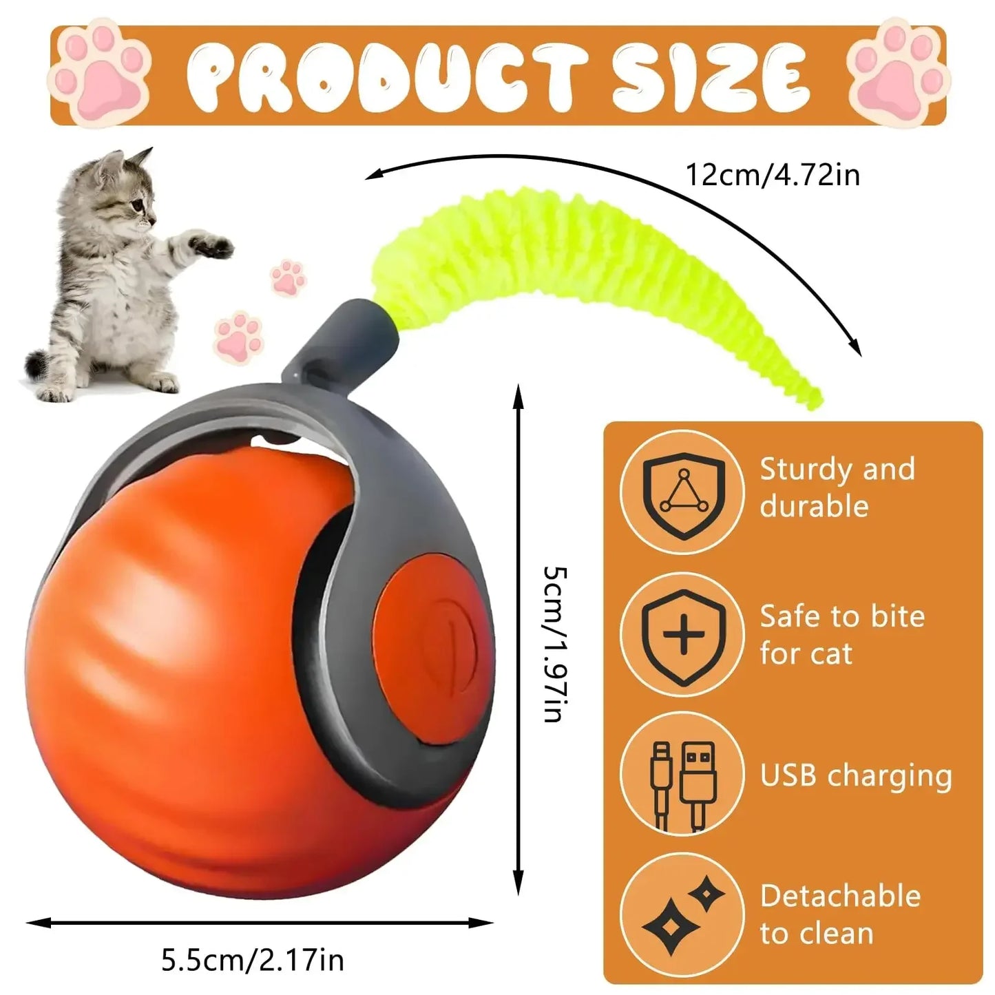 Cat Toy, Speedy Tail Cat Toy, Interactive Cat Ball Toy, Smart Cat Toys Ball, Two Speed Adjustment, with Tail 