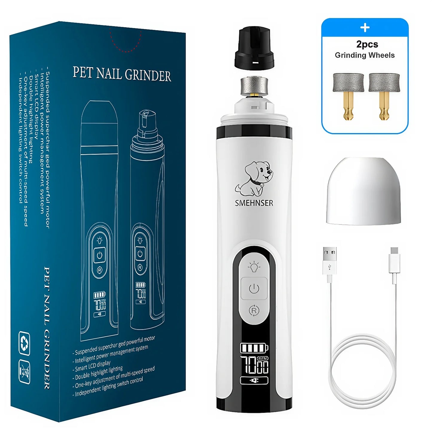 Upgraded Electric Nail Grinder, Double LED Lights and 3-Speed Adjustment for Cats & Dogs with 2000mAh Large Battery