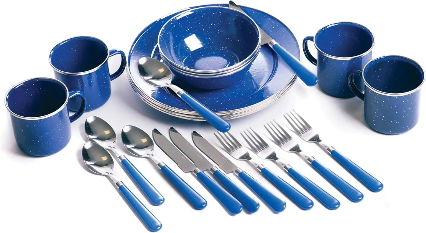 24-Piece Enamel Tableware Set for Camping & Backpacking - Lightweight, Durable Plates & Bowls for 4 People