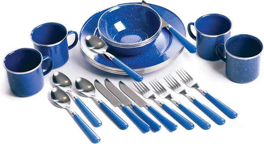 24-Piece Enamel Tableware Set for Camping & Backpacking - Lightweight, Durable Plates & Bowls for 4 People