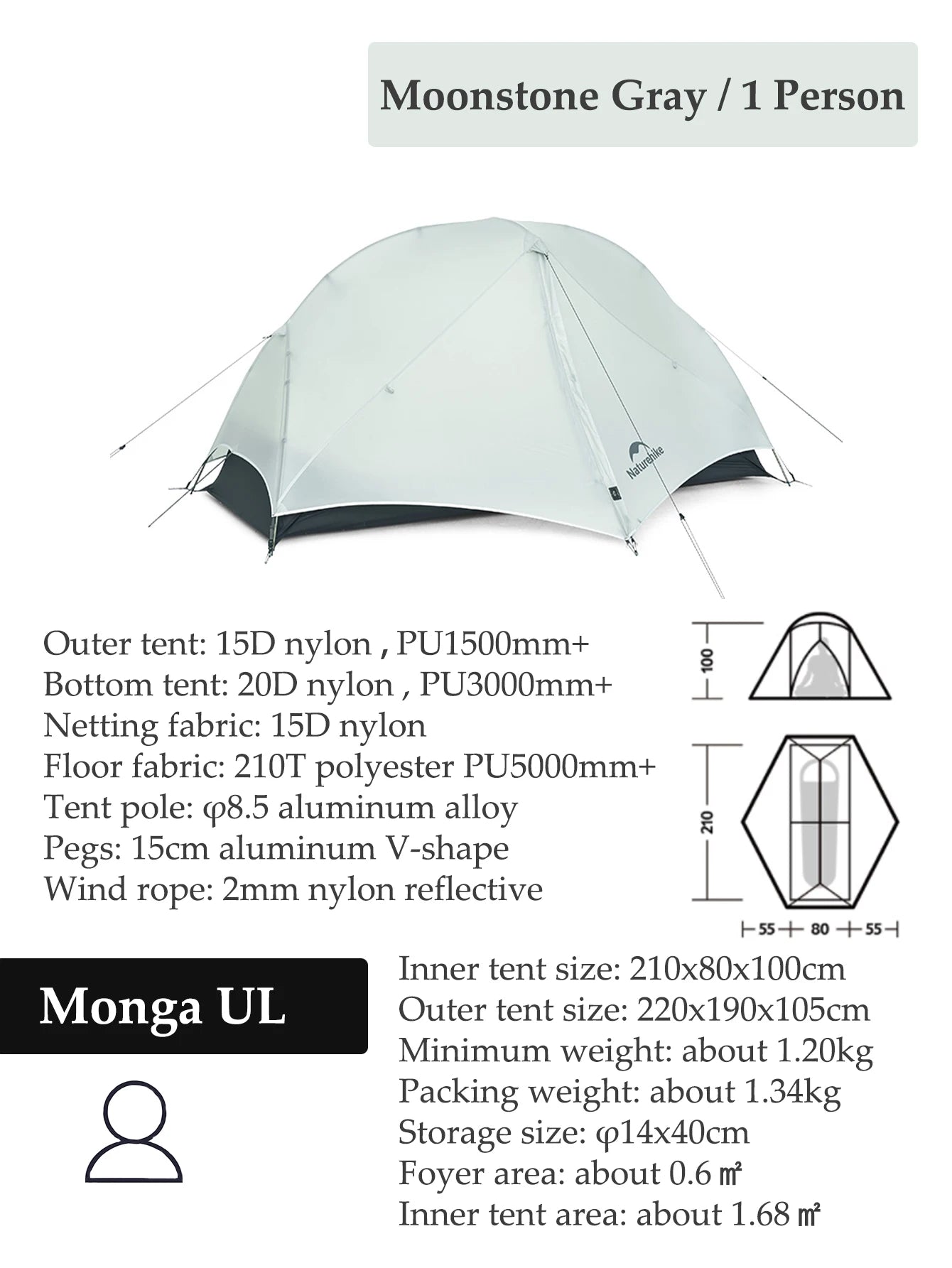 Naturehike Mongar Tent Camping Tent 2 Person Ultralight Professional Waterproof & Windproof Backpack Tent 20D Nylon Travel Tent