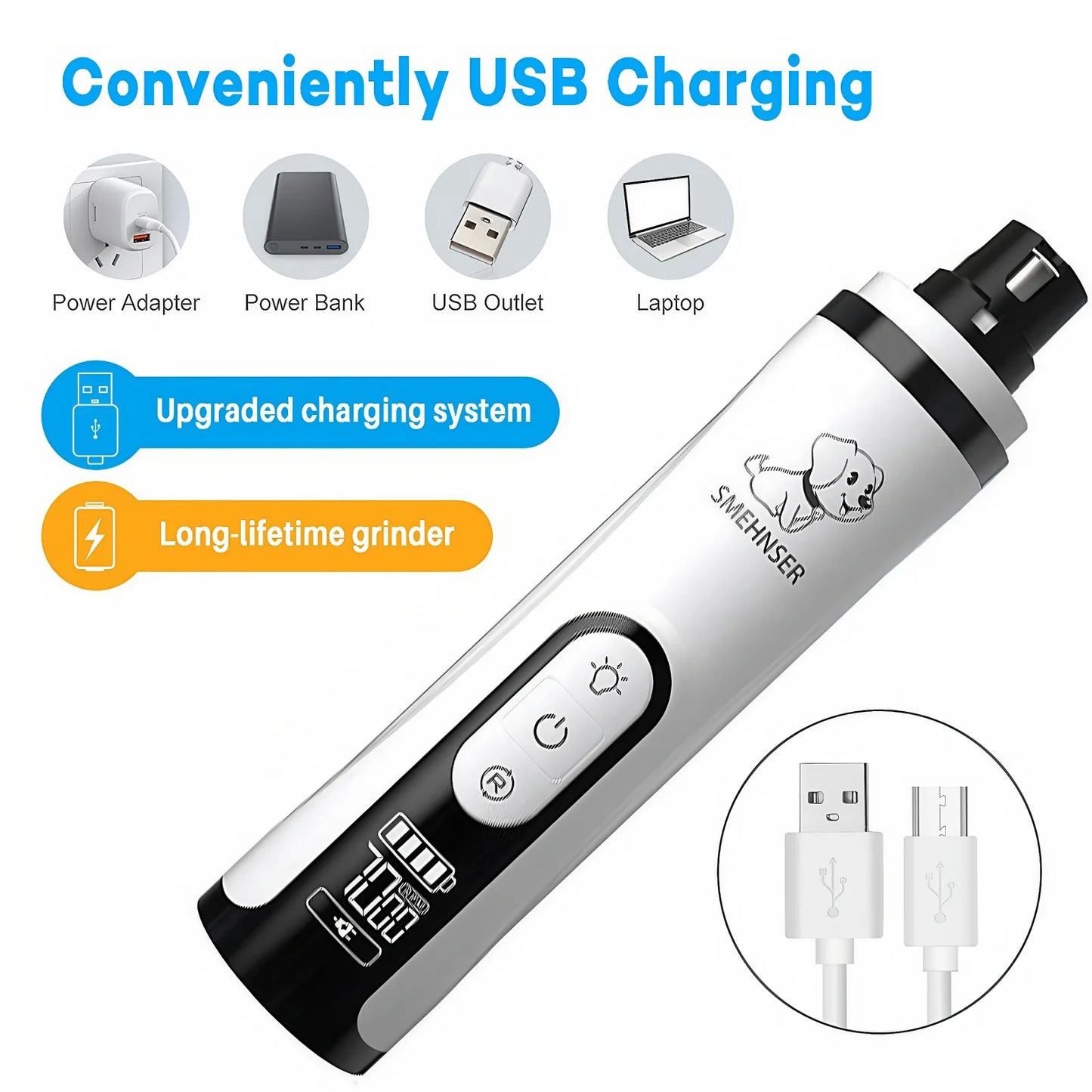 Upgraded Electric Nail Grinder, Double LED Lights and 3-Speed Adjustment for Cats & Dogs with 2000mAh Large Battery