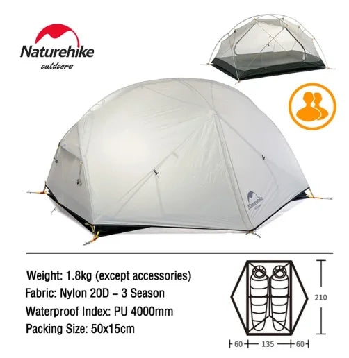 Naturehike Mongar Tent Camping Tent 2 Person Ultralight Professional Waterproof & Windproof Backpack Tent 20D Nylon Travel Tent