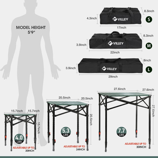 VILLEY Folding Camping Square Table with Carry Bag, Lightweight Aluminum Adjustable Square Table for Outdoor, Camping, Picnic