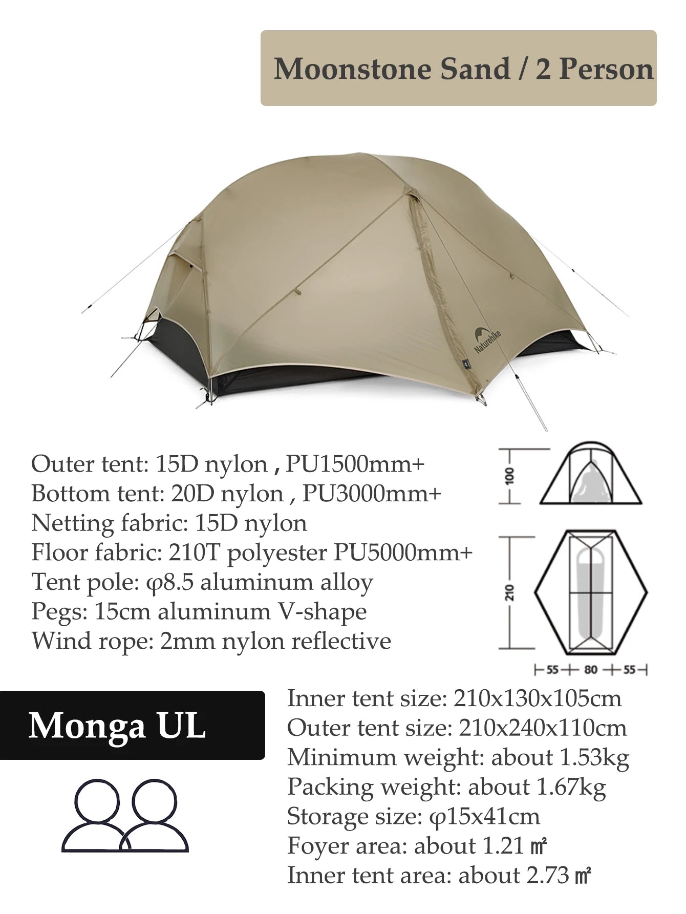 Naturehike Mongar Tent Camping Tent 2 Person Ultralight Professional Waterproof & Windproof Backpack Tent 20D Nylon Travel Tent