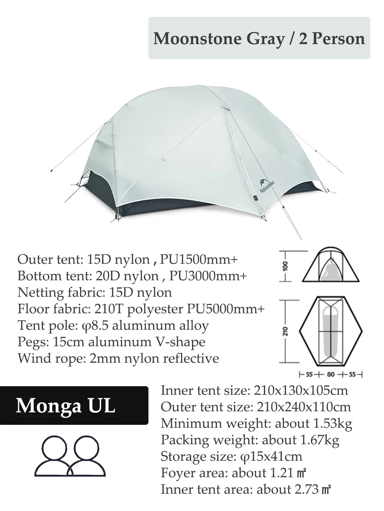 Naturehike Mongar Tent Camping Tent 2 Person Ultralight Professional Waterproof & Windproof Backpack Tent 20D Nylon Travel Tent