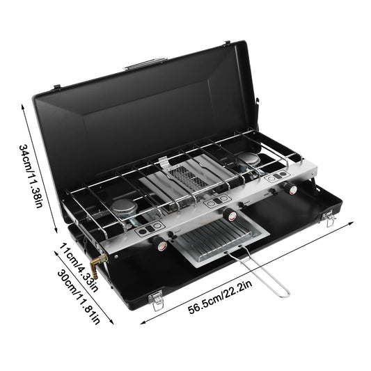 Portable Camping Stove with Griddle 3 Burner Propane Gas Stove Adjustable Windshield Folding for camping, barbecues, parties